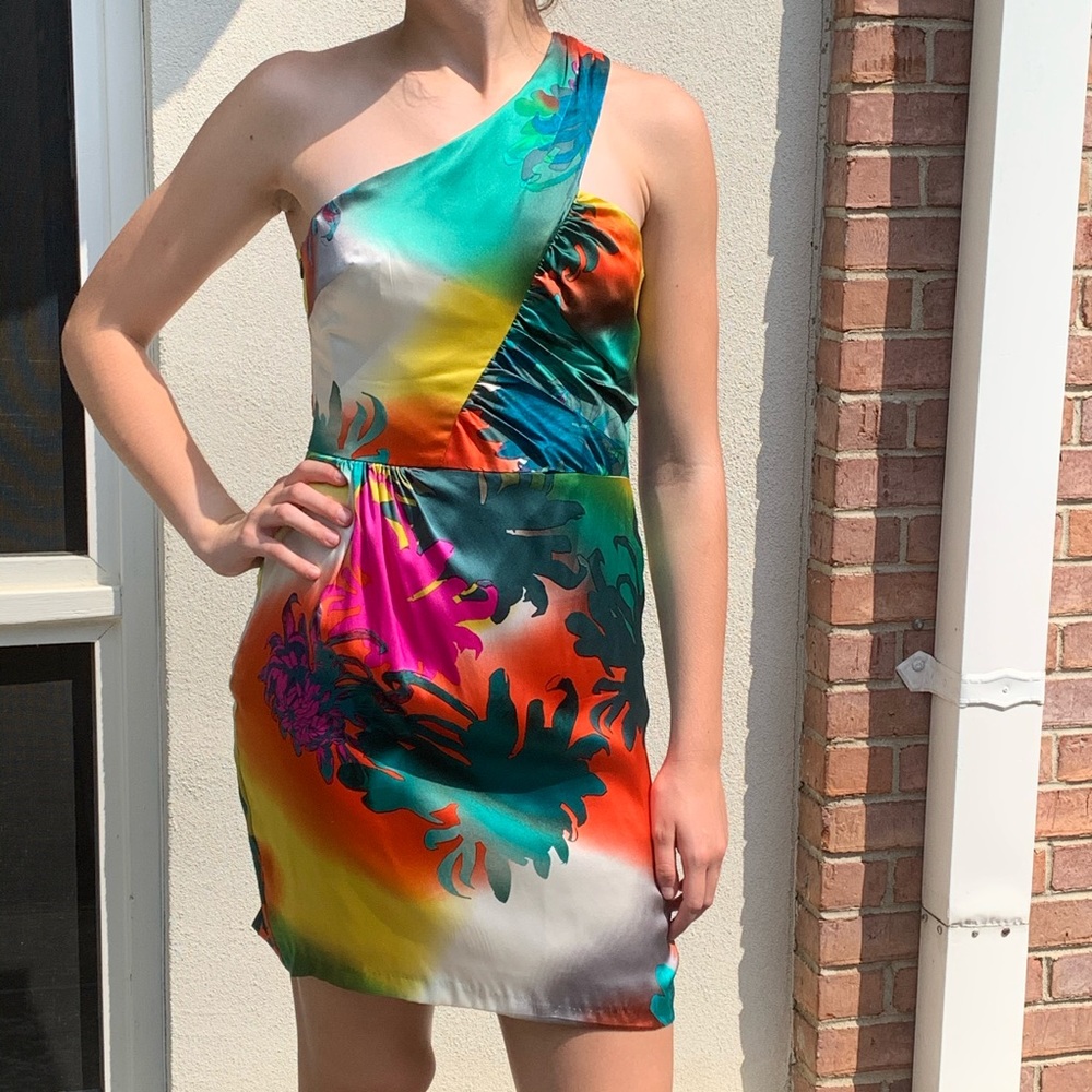 Trina Turk Silk Colorful Tropical One Shoulder Dress 6